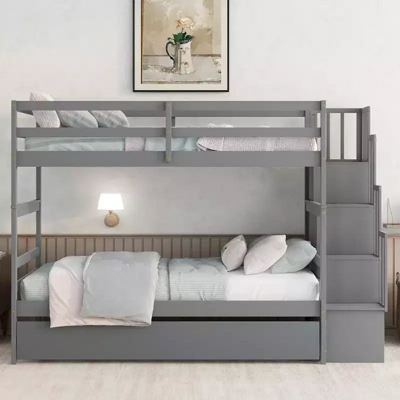Lits superposés jumeaux sur jumeaux en bois massif, lit superposé triple avec lit gigogne jumeau, escalier de rangement, barrières de sécurité pour enfants et adolescents.
