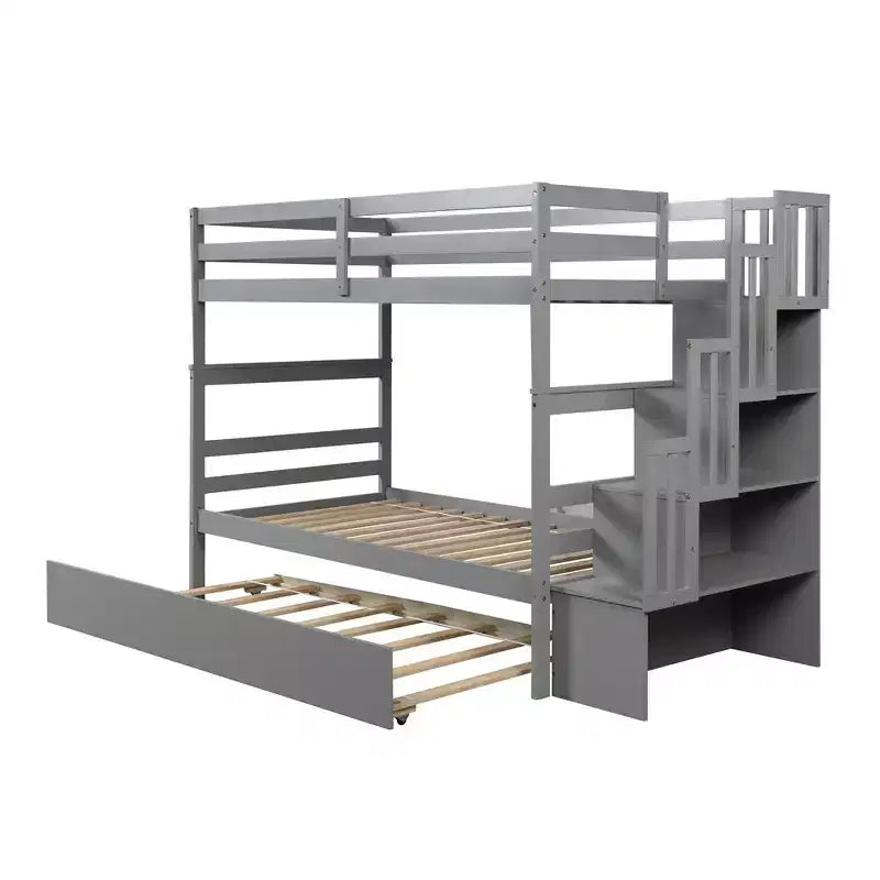 Lits superposés jumeaux sur jumeaux en bois massif, lit superposé triple avec lit gigogne jumeau, escalier de rangement, barrières de sécurité pour enfants et adolescents.