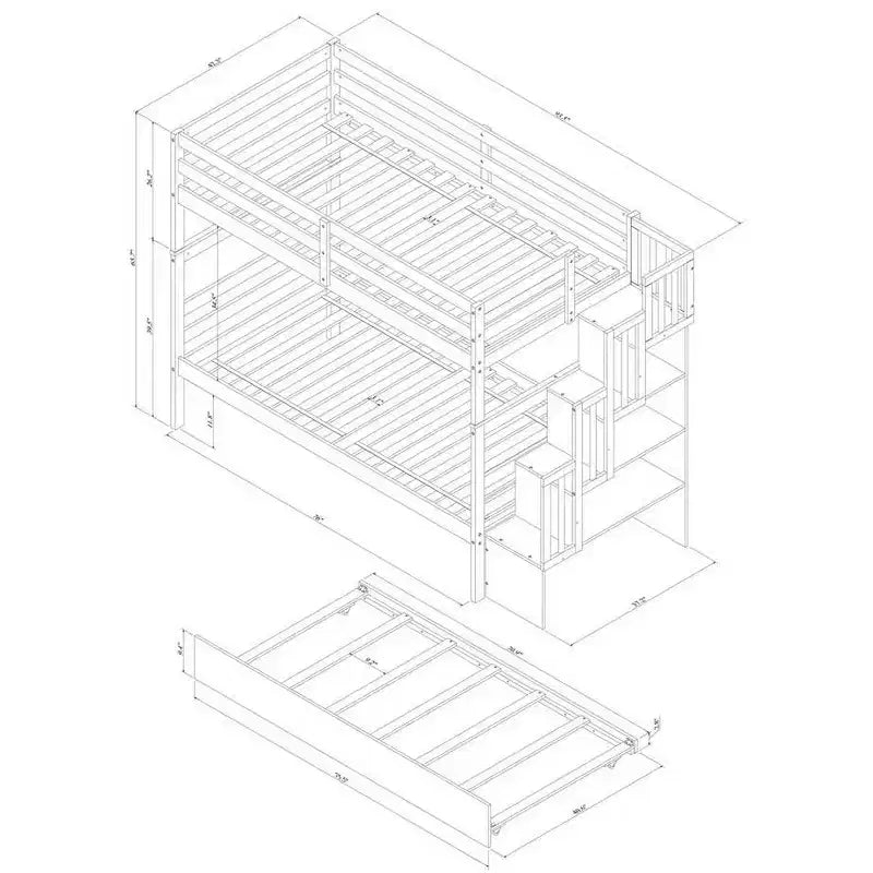 Lits superposés jumeaux sur jumeaux en bois massif, lit superposé triple avec lit gigogne jumeau, escalier de rangement, barrières de sécurité pour enfants et adolescents.